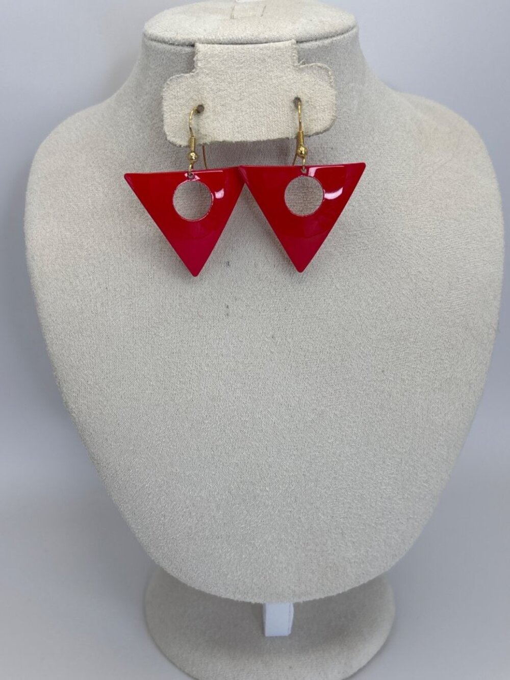 Vintage Retro Triangular Red Drop Enamel Earrings Circular Cutout Detail